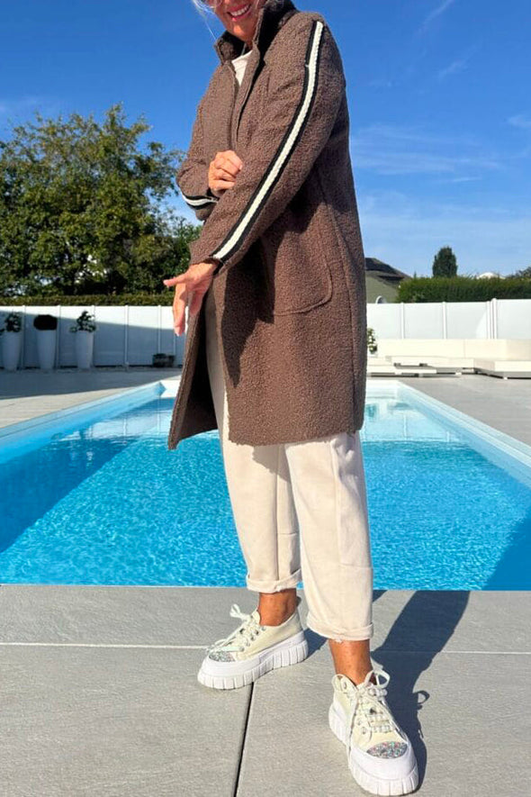 Women Lapel Vertical Pattern Plush Casual Coat