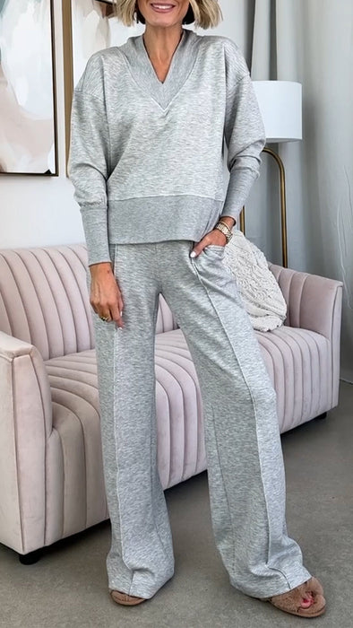 Women V-neck Patchwork Top + Pants Casual Suit