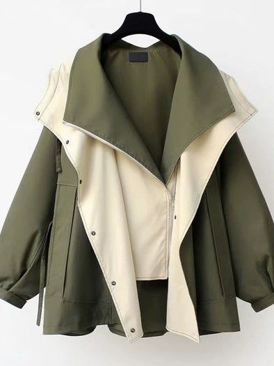 Women Lapel Loose Hooded Zippered Trench Coat