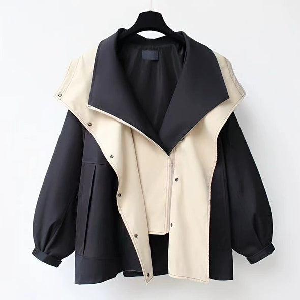 Women Lapel Loose Hooded Zippered Trench Coat