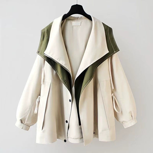 Women Lapel Loose Hooded Zippered Trench Coat