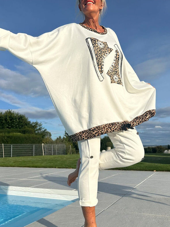 Women Round Neck Leopard Print Loose Casual Suit