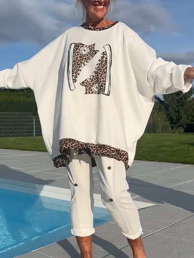 Women Round Neck Leopard Print Loose Casual Suit