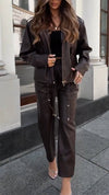 Women Lapel Leather Jacket + Pants Temperament Casual Suit