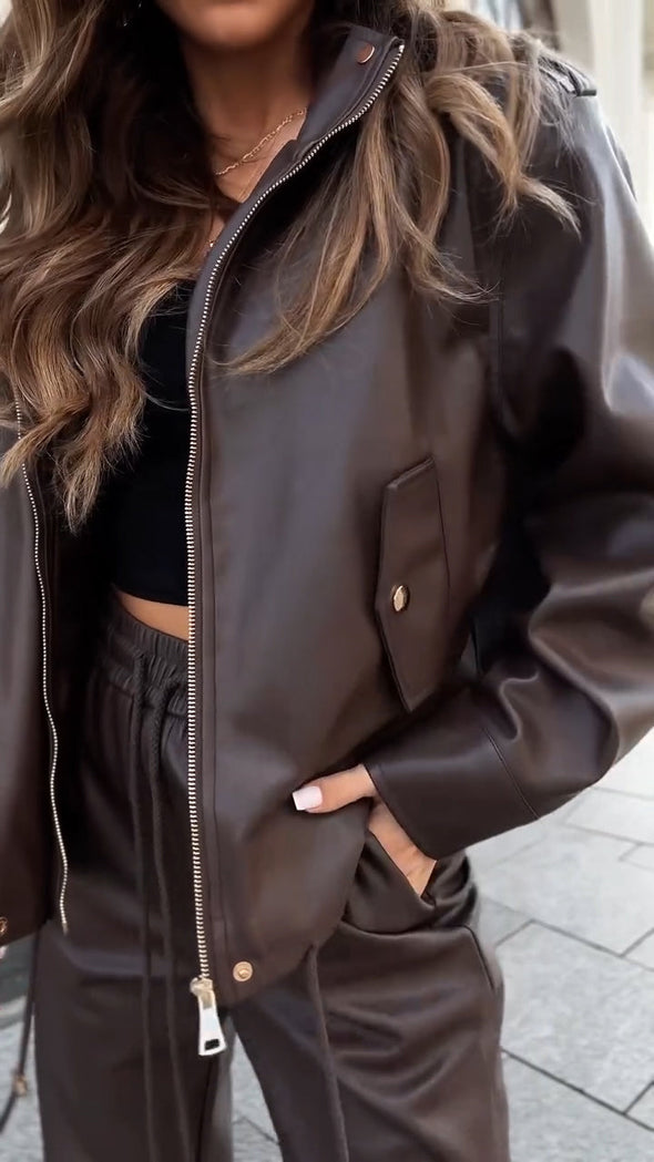 Women Lapel Leather Jacket + Pants Temperament Casual Suit