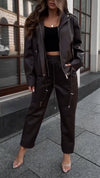 Women Lapel Leather Jacket + Pants Temperament Casual Suit