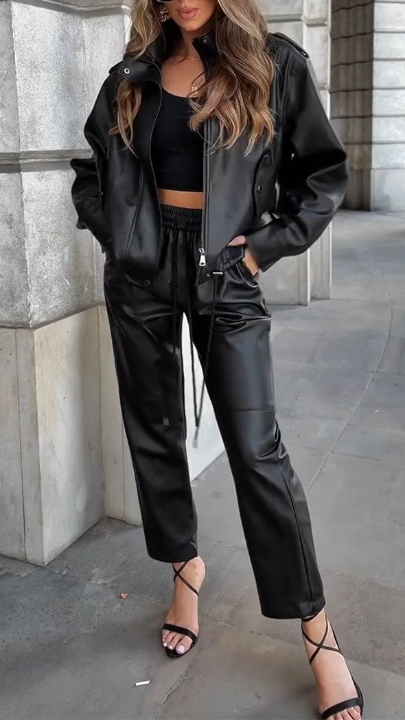 Women Lapel Leather Jacket + Pants Temperament Casual Suit