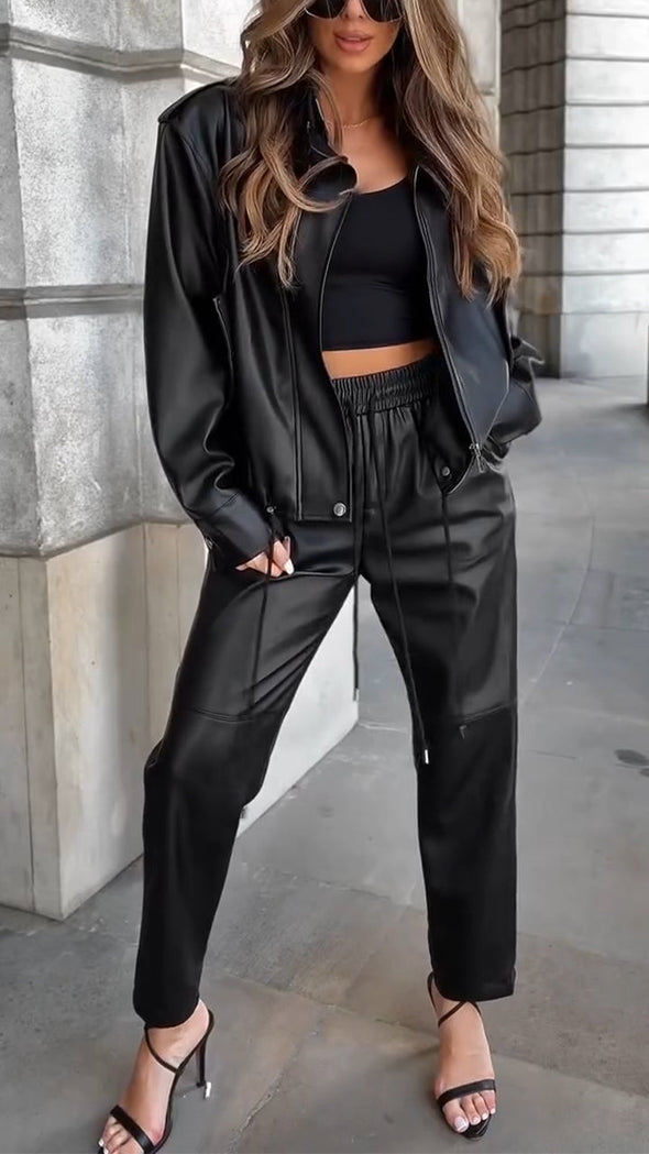 Women Lapel Leather Jacket + Pants Temperament Casual Suit