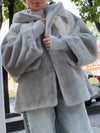 Women Plush Hooded Contrast Color Casual Coat