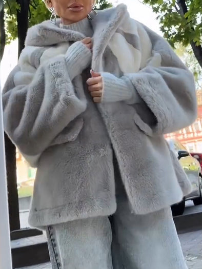 Women Plush Hooded Contrast Color Casual Coat