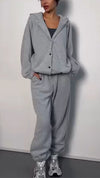 Women Button-down Hooded Jacket + Pants Casual Suit