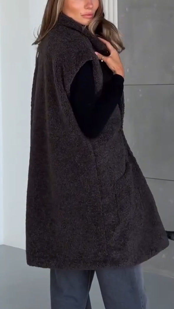 Women Lapel Plush Casual Long Vest