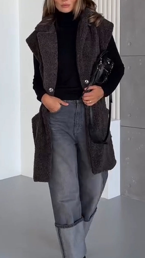 Women Lapel Plush Casual Long Vest