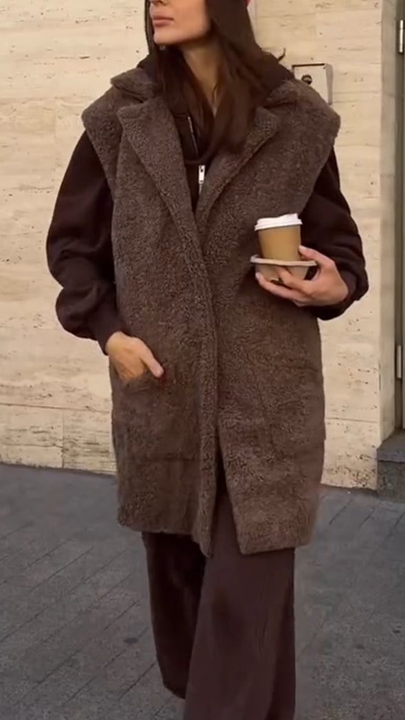 Women Lapel Plush Casual Long Vest