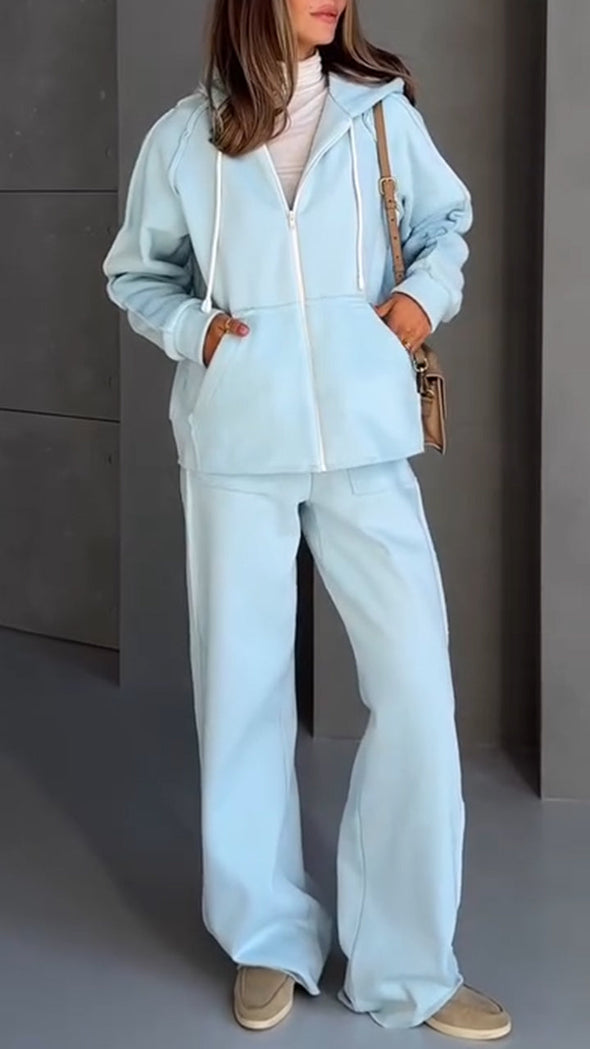 Women Round Neck Hooded Jacket + Pants Casual Suit