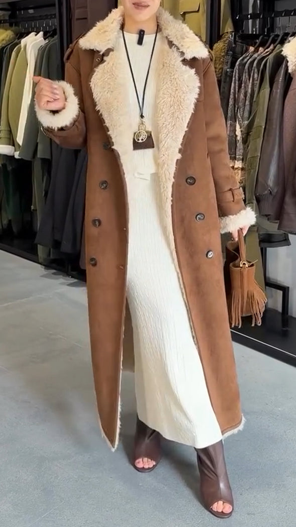 Women's Fur Lapel Deerskin Warm Thick Long Coat