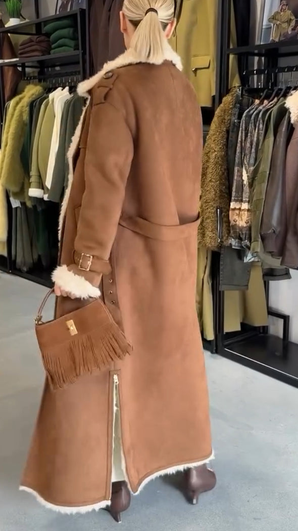 Women's Fur Lapel Deerskin Warm Thick Long Coat