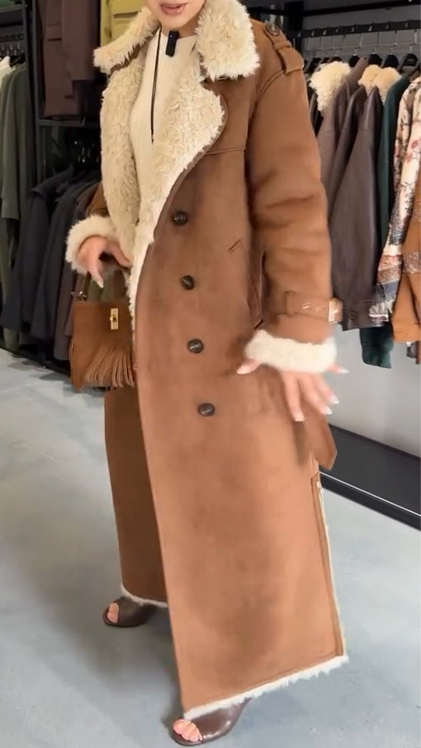 Women's Fur Lapel Deerskin Warm Thick Long Coat