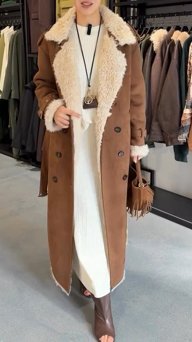 Women's Fur Lapel Deerskin Warm Thick Long Coat