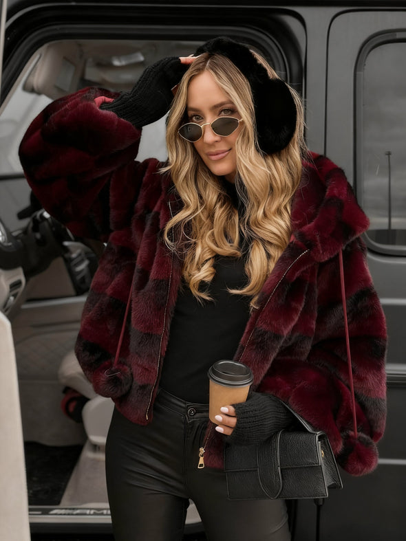 Women Hooded Drawstring Plush Ball Casual Coat