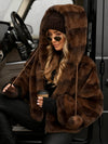 Women Hooded Drawstring Plush Ball Casual Coat