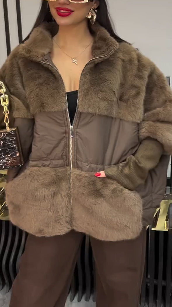 Women Lapel Stitching Casual Plush Coat