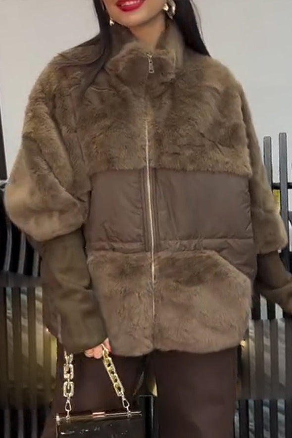 Women Lapel Stitching Casual Plush Coat