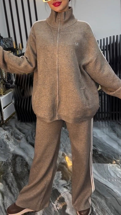 Ladies Standing Collar Vertical Stripe Casual Suit