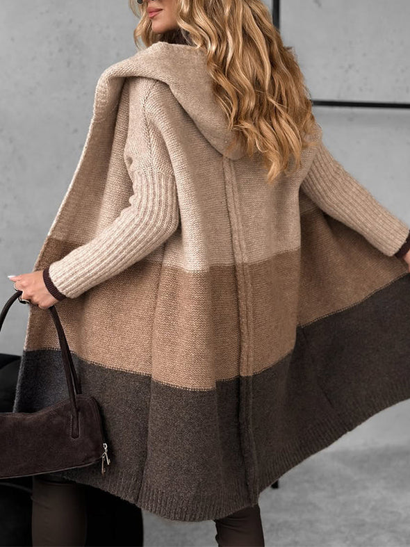Women Hooded Knitted Contrasting Casual Coat
