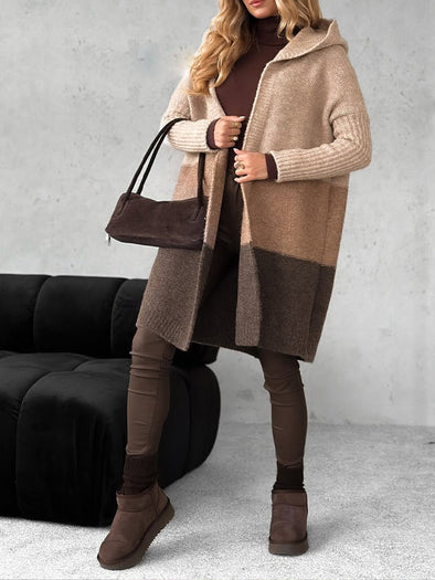 Women Hooded Knitted Contrasting Casual Coat