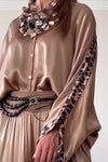 Women Casual Satin Leopard Print Shirt + Wide-Leg Pants Suit