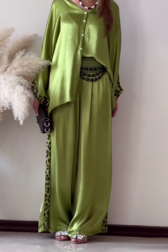 Women Casual Satin Leopard Print Shirt + Wide-Leg Pants Suit