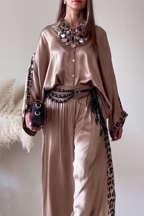 Women Casual Satin Leopard Print Shirt + Wide-Leg Pants Suit