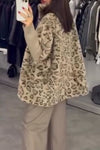 Women Casual Stand Collar Plush Leopard Print Paneled Knit Sleeve Zipper Jacket