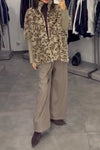 Women Casual Stand Collar Plush Leopard Print Paneled Knit Sleeve Zipper Jacket