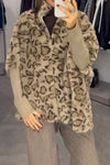 Women Casual Stand Collar Plush Leopard Print Paneled Knit Sleeve Zipper Jacket