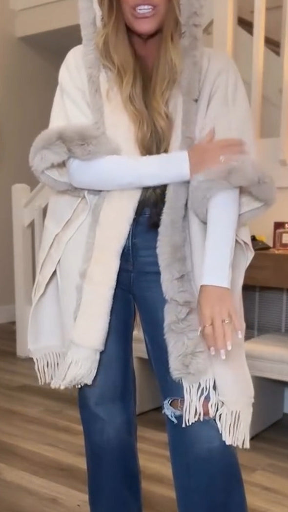 Women Fur Collar Hooded Tassel Casual Coat