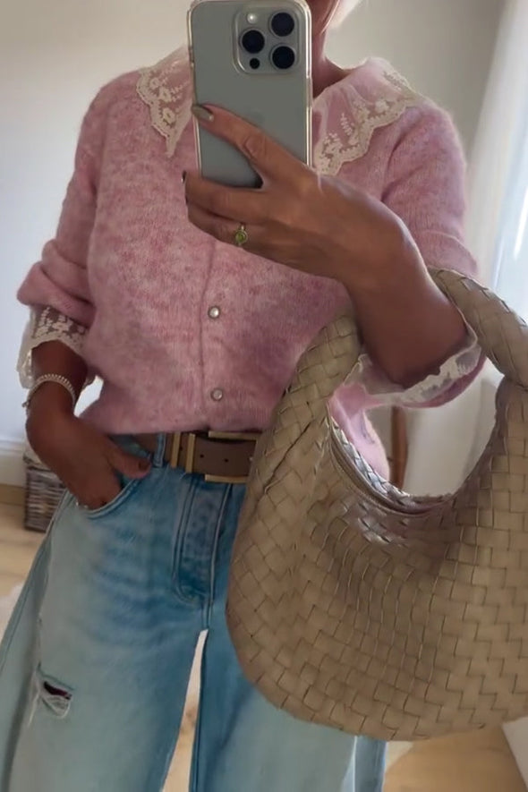 Women Casual Lace Panel Cardigan Sweater