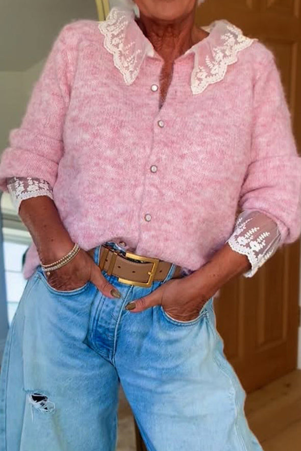 Women Casual Lace Panel Cardigan Sweater