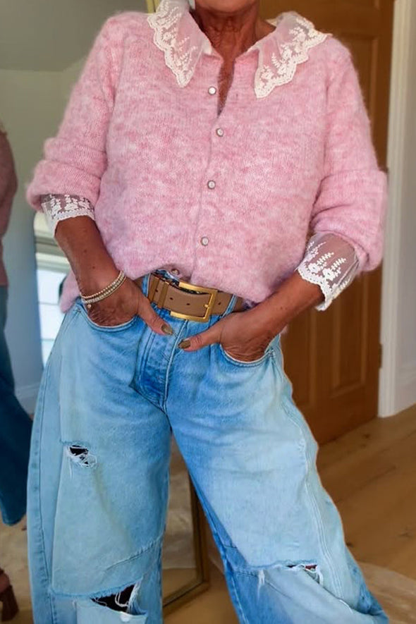 Women Casual Lace Panel Cardigan Sweater