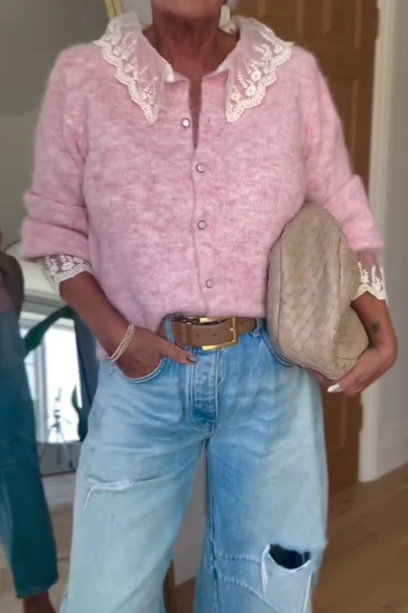 Women Casual Lace Panel Cardigan Sweater