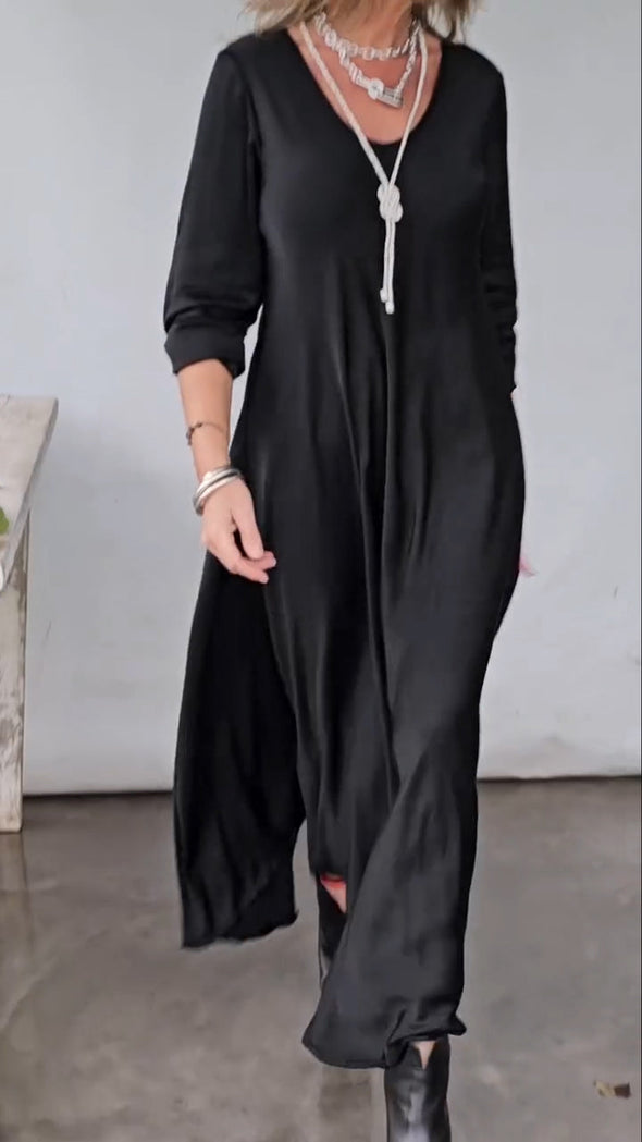 Women Round Neck Solid Color Loose Casual Dress