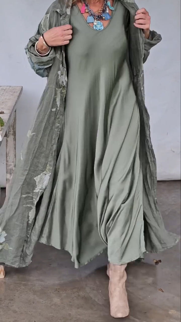 Women Round Neck Solid Color Loose Casual Dress