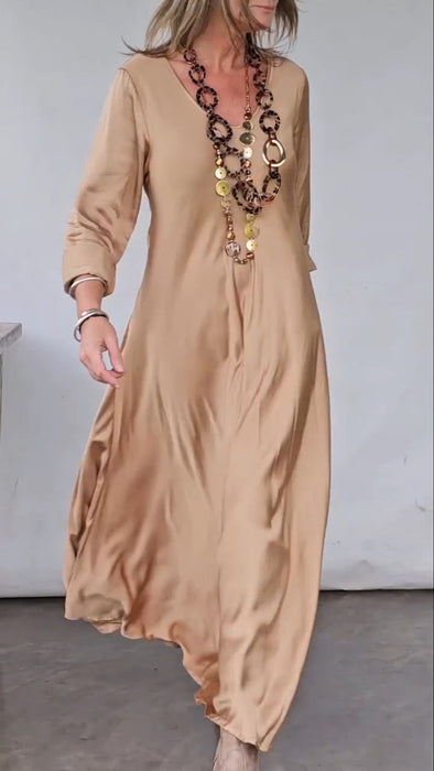 Women Round Neck Solid Color Loose Casual Dress