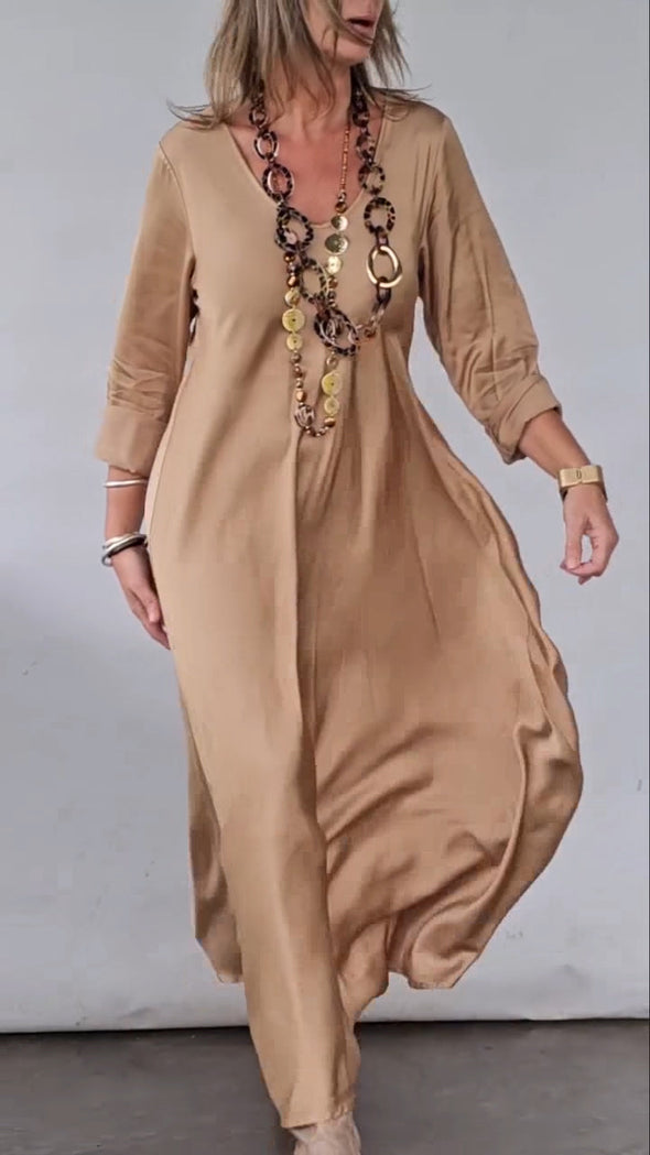 Women Round Neck Solid Color Loose Casual Dress