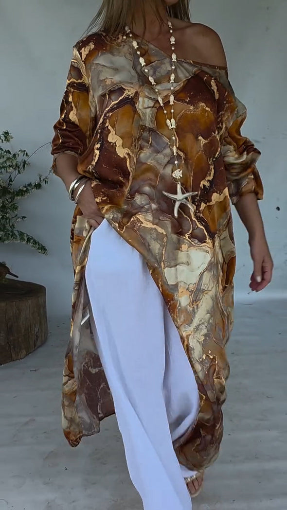 Women Round Neck Printed Irregular Casual Top