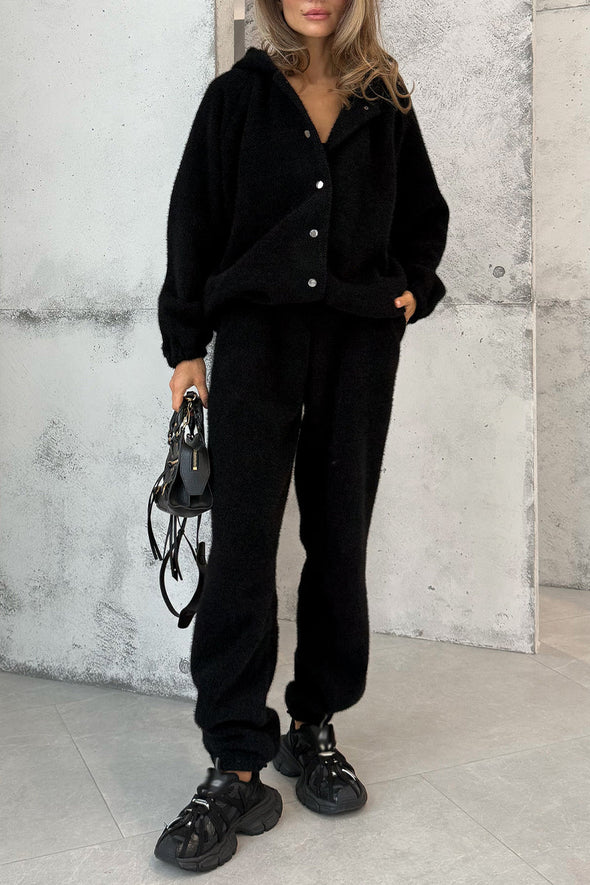 Women Button-down Hooded Jacket + Pants Casual Suit