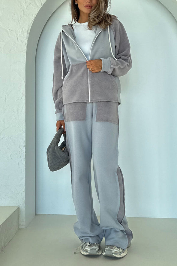 Women Round Neck Hooded Jacket + Pants Casual Suit