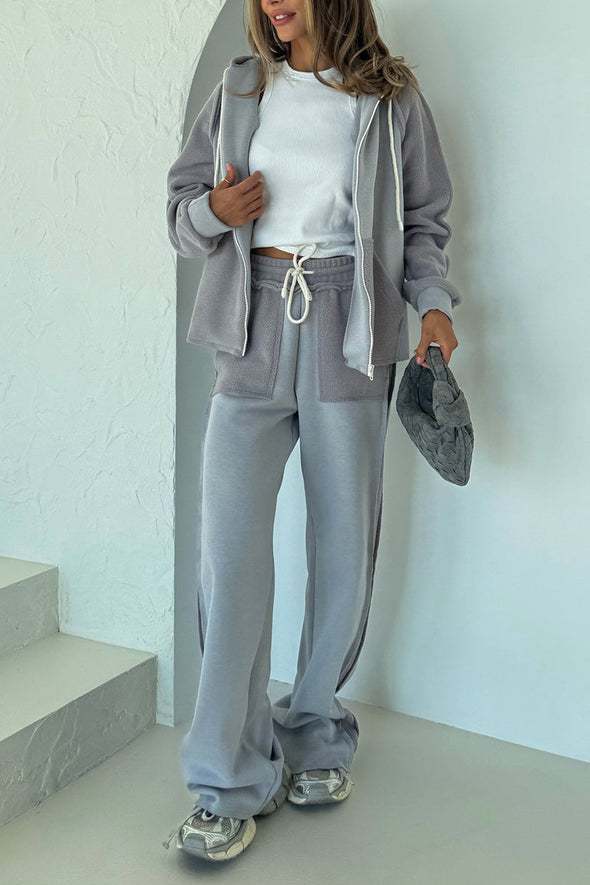 Women Round Neck Hooded Jacket + Pants Casual Suit