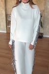 Women Casual High Neck Long Sleeve Sequined Tassel Splicing Top + Pants Suit